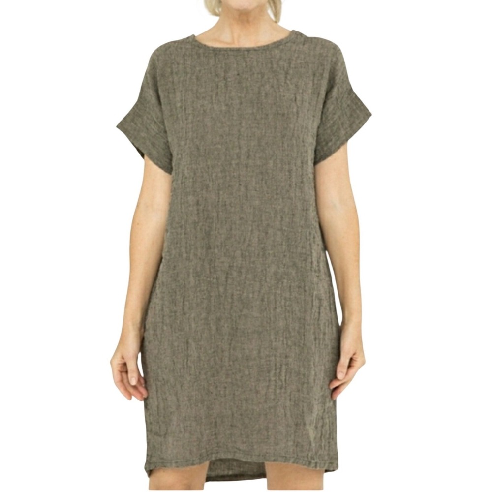 Elizabeth Suzann Georgia Dress OS Gray 100% Linen Gauze Short Sleeve lagenlook